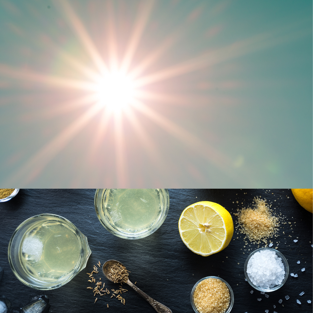 split screen image of bright sun radiating in pale blue sky above a table top arrayed with ingredients to make an electrolyte beverage, including cut lemons, salt, glasses of liquid and sugar.